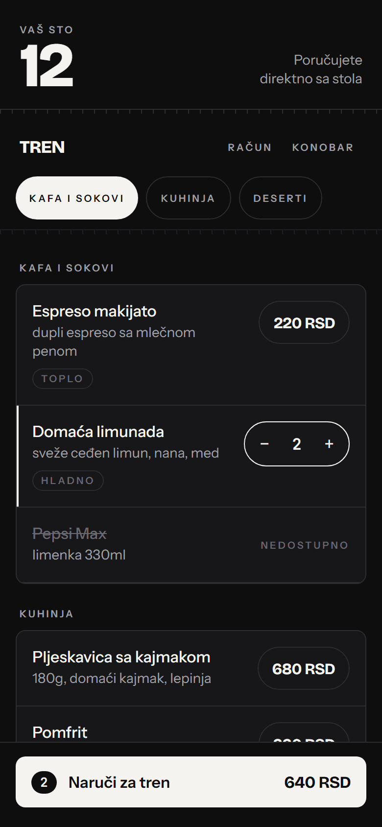 Gostov meni u pretraživaču telefona: kategorije, cene i dugme za slanje